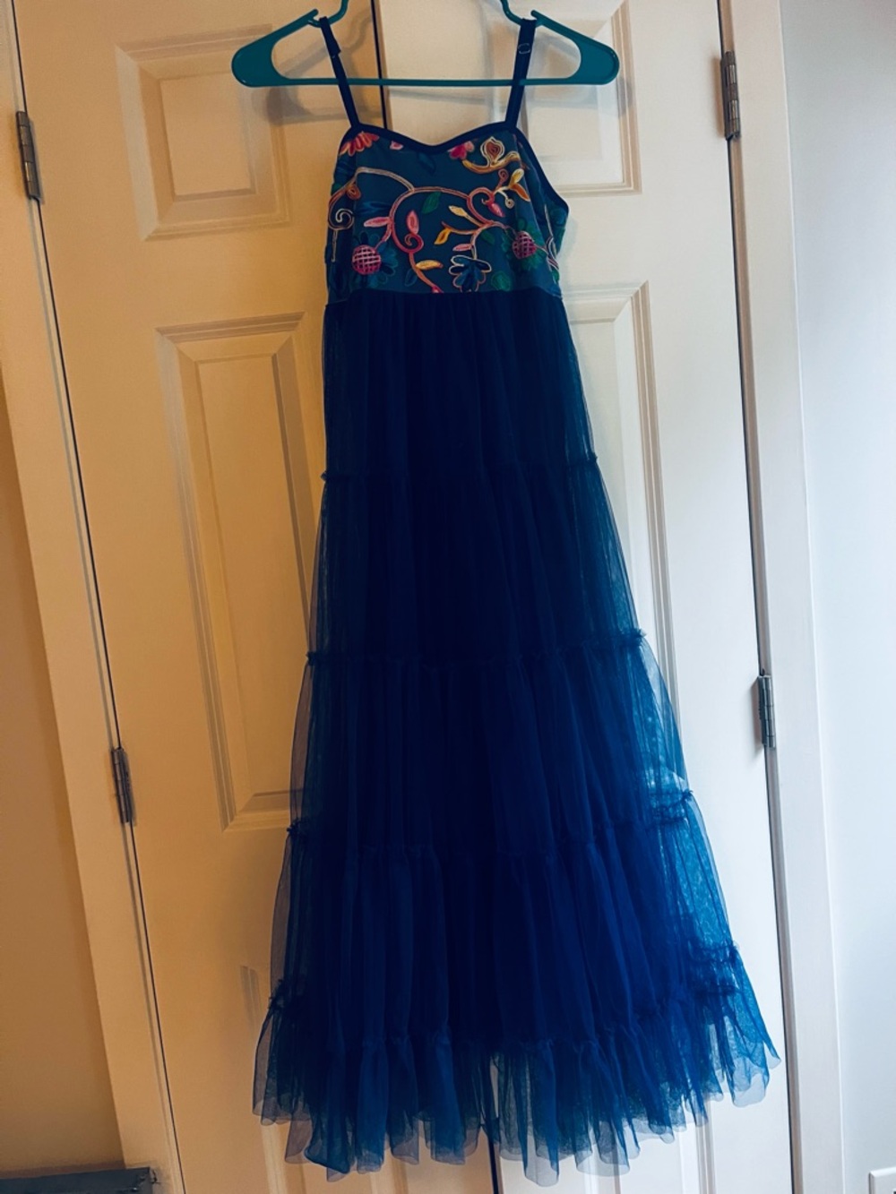 Teal Blue Tiered Maxi Dress with Embroidered Bodice